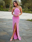 Sheath Column Halter Floor Length Velvet Sequins Prom Dresses With Leg Slit