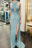 Sheath/Column Halter Sleeveless Sweep Train Velvet Sequins Prom Dresses With Split