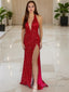 Sheath Column Halter Sweep Train Sequins Prom Dresses With Leg Slit