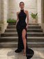 Sheath Column Halter Sweep Train Sequins Prom Dresses With Leg Slit