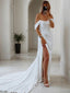 Sheath Column Off The Shoulder Chapel Train Charmeuse Wedding Dresses With Leg Slit