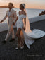 Sheath Column Off The Shoulder Chapel Train Charmeuse Wedding Dresses With Leg Slit