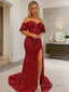 Sheath Column Off The Shoulder Court Train Velvet Sequins Prom Dresses With Leg Slit
