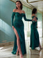 Sheath Column Off The Shoulder Floor Length Satin Prom Dresses With Leg Slit