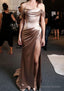 Sheath/Column Off-the-Shoulder Short Sleeve Sweep Train Satin Prom Dresses With Pleated