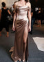 Sheath Column Off The Shoulder Short Sleeve Sweep Train Satin Prom Dresses With Pleated