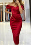 Sheath Column Off The Shoulder Short Sleeve Tea Length Satin Prom Dresses With Pleated