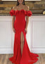 Sheath Column Off The Shoulder Sleeveless Sweep Train Satin Prom Dresses With Ruffles Split