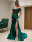 Sheath Column Off The Shoulder Sweep Train Elastic Woven Satin Prom Dresses With Leg Slit