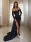 Sheath Column Off The Shoulder Sweep Train Elastic Woven Satin Prom Dresses With Leg Slit
