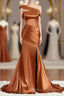 Sheath Column Off The Shoulder Sweep Train Silk like Satin Bridesmaid Dresses with Leg Slit