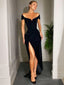Sheath Column Off The Shoulder Sweep Train Velvet Prom Dresses With Leg Slit