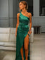 Sheath Column One Shoulder Floor Length Elastic Woven Satin Prom Dresses With Leg Slit