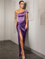 Sheath Column One Shoulder Floor Length Satin Prom Dresses With Leg Slit
