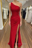 Sheath Column One Shoulder Sleeveless Jersey Long Floor Length Red Prom Dresses With Pleated Split