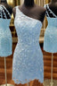 Sheath Column One Shoulder Sleeveless Short Mini Lace Homecoming Dresses with Beading