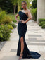 Sheath Column One Shoulder Sweep Train Jersey Prom Dresses With Leg Slit