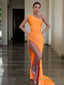 Sheath Column One Shoulder Sweep Train Jersey Prom Dresses With Leg Slit