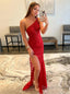 Sheath Column One Shoulder Sweep Train Lace Prom Dresses With Leg Slit