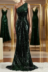 Sheath/Column One-Shoulder Sweep Train Sequins Bridesmaid Dresses