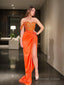 Sheath Column One Shoulder Sweep Train Elastic Woven Satin Prom Dresses With Leg Slit