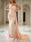 Sheath Column One Shoulder Sweep Train Silk like Satin Prom Dresses With Ruffles
