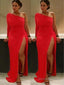 Sheath Column One Shoulder Sweep Train Spandex Prom Dresses With Ruffles