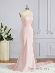 Sheath/Column One-Shoulder Sweep Train Stretch Crepe Bridesmaid Dresses