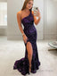 Sheath Column One Shoulder Sweep Train Velvet Sequins Prom Dresses With Leg Slit