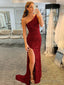 Sheath Column One Shoulder Sweep Train Velvet Sequins Prom Dresses With Leg Slit