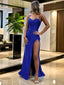 Sheath Column Spaghetti Straps Sweep Train Elastic Woven Satin Prom Dresses With Leg Slit
