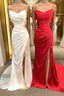 Sheath Column Spaghetti Straps Sweep Train Elastic Woven Satin Prom Dresses With Leg Slit