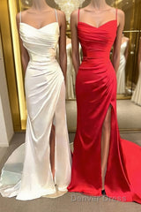 Sheath/Column Spaghetti Straps Sweep Train Elastic Woven Satin Prom Dresses With Leg Slit