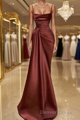 Sheath/Column Spaghetti Straps Floor-Length Elastic Woven Satin Prom Dresses With Ruffles