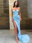 Sheath Column Spaghetti Straps Sweep Train Satin Prom Dresses With Leg Slit