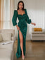 Sheath Column Square Floor Length Elastic Woven Satin Prom Dresses With Leg Slit