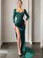 Sheath Column Square Sweep Train Satin Prom Dresses With Leg Slit