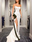 Sheath Column Strapless Court Train Elastic Woven Satin Prom Dresses With Leg Slit