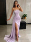 Sheath Column Strapless Sweep Train Charmeuse Prom Dresses With Leg Slit