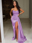 Sheath Column Strapless Sweep Train Elastic Woven Satin Prom Dresses With Leg Slit