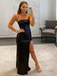 Sheath Column Strapless Sweep Train Sequins Prom Dresses With Leg Slit