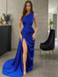 Sheath Column Strapless Sweep Train Silk like Satin Prom Dresses With Leg Slit