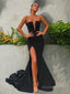 Sheath Column Strapless Sweep Train Silk like Satin Prom Dresses With Leg Slit