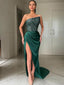 Sheath Column Strapless Sweep Train Velvet Sequins Prom Dresses With Leg Slit