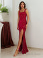 Sheath Column Straps Floor Length Velvet Sequins Prom Dresses With Leg Slit