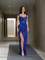 Sheath Column Straps Sweep Train Velvet Sequins Prom Dresses With Leg Slit