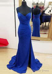 Sheath/Column Sweetheart Sleeveless Sweep Train Jersey Prom Dresses With Split Pleated