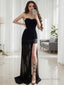 Sheath Column Sweetheart Sweep Train Lace Prom Dresses With Leg Slit