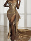 Sheath Column Sweetheart Sweep Train Sequins Prom Dresses With Leg Slit