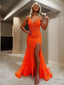 Sheath Column V Neck Court Train Prom Dresses With Leg Slit